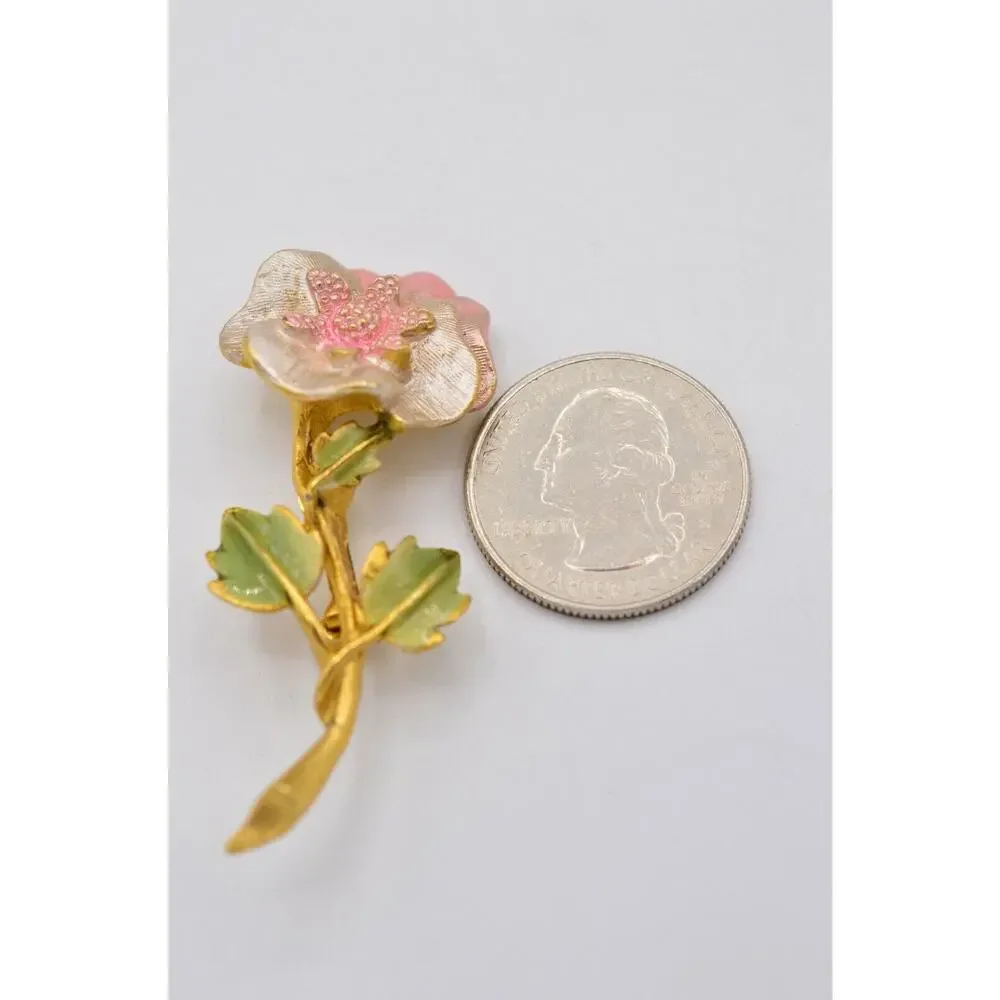 Vintage Flower Pin Brooch Brushed Gold Pastel Blush Pink Enamel Rose 1980s 9B
